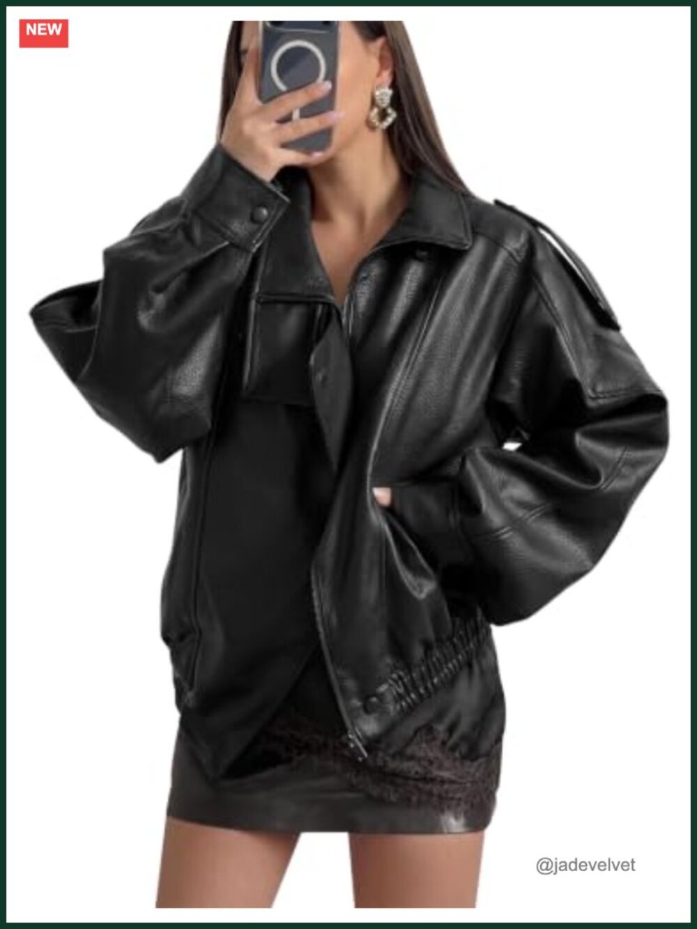 Womens Oversized Faux Leather Jacket Funnel Neck Bomber